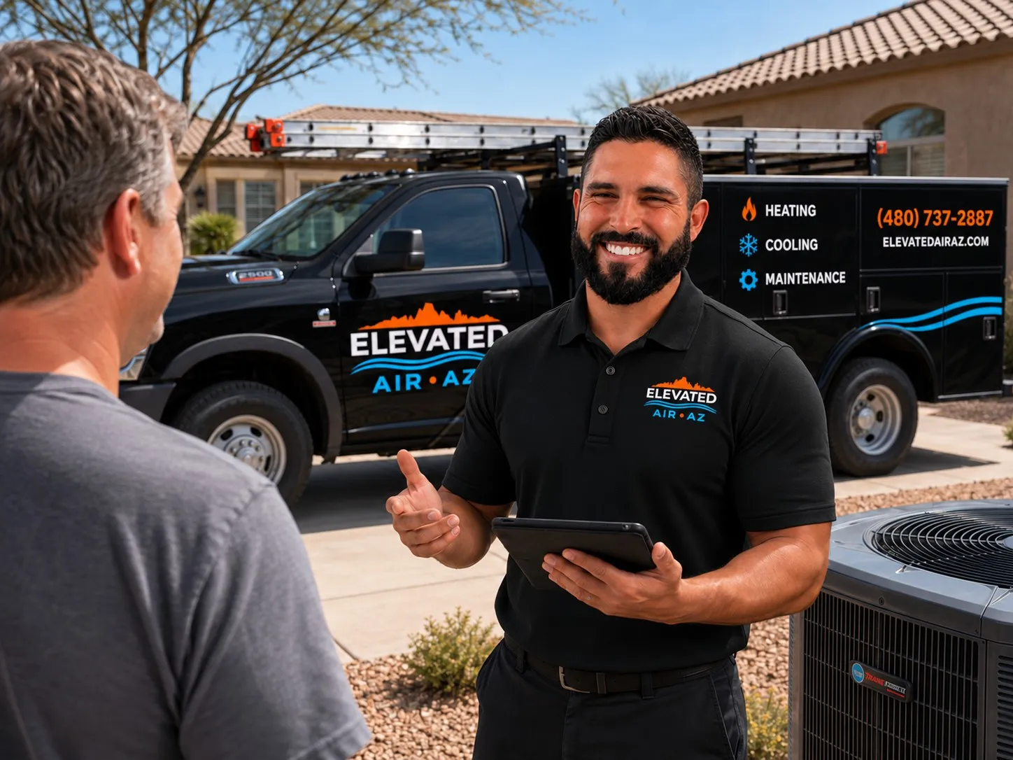 Illustration of Andrew Garcia, owner of Elevated Air AZ, smiling and talking with a homeowner beside an outdoor air conditioning unit, with a black Elevated Air AZ service truck behind them.